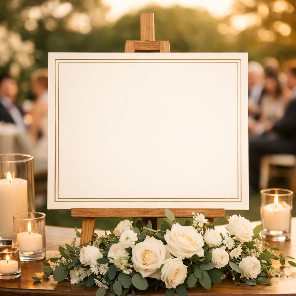 A wedding welcome sign on a wooden easel showing an example hashtag