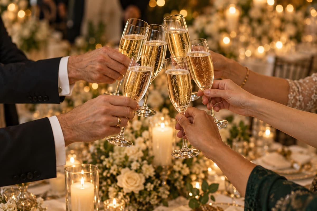 Raised glasses at a wedding reception