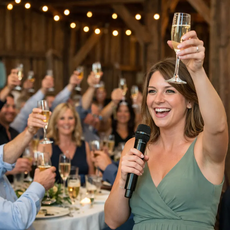 A maid of honor raises her glass with a microphone in hand as the guests raise theirs