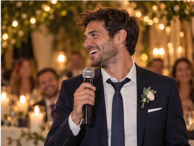 A best man mid-toast, glass raised, the table laughing with him