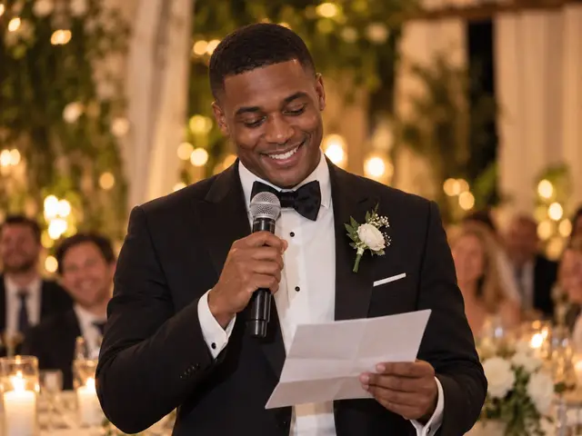 A groom smiling through his thank-you speech