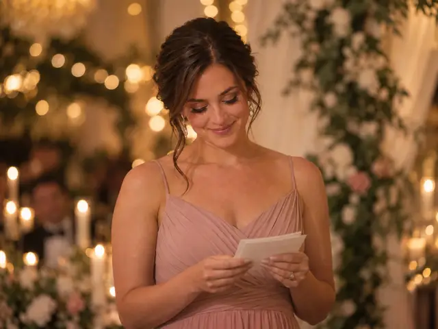 A maid of honor giving her speech beside the bride