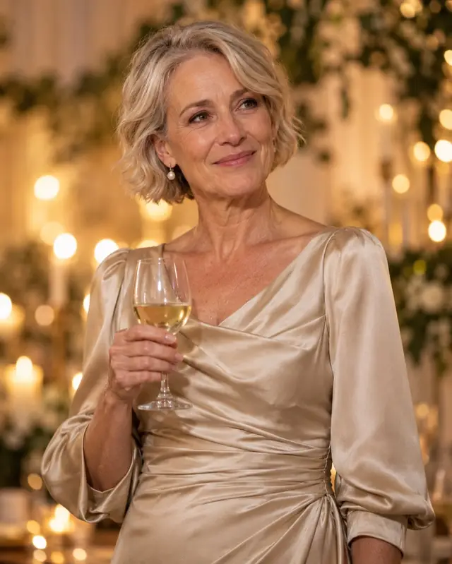 A mother of the bride smiling with a glass in hand